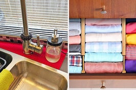 on left, red drip catcher under kitchen sink faucet. on right, drawer dividers between neatly-folded clothes