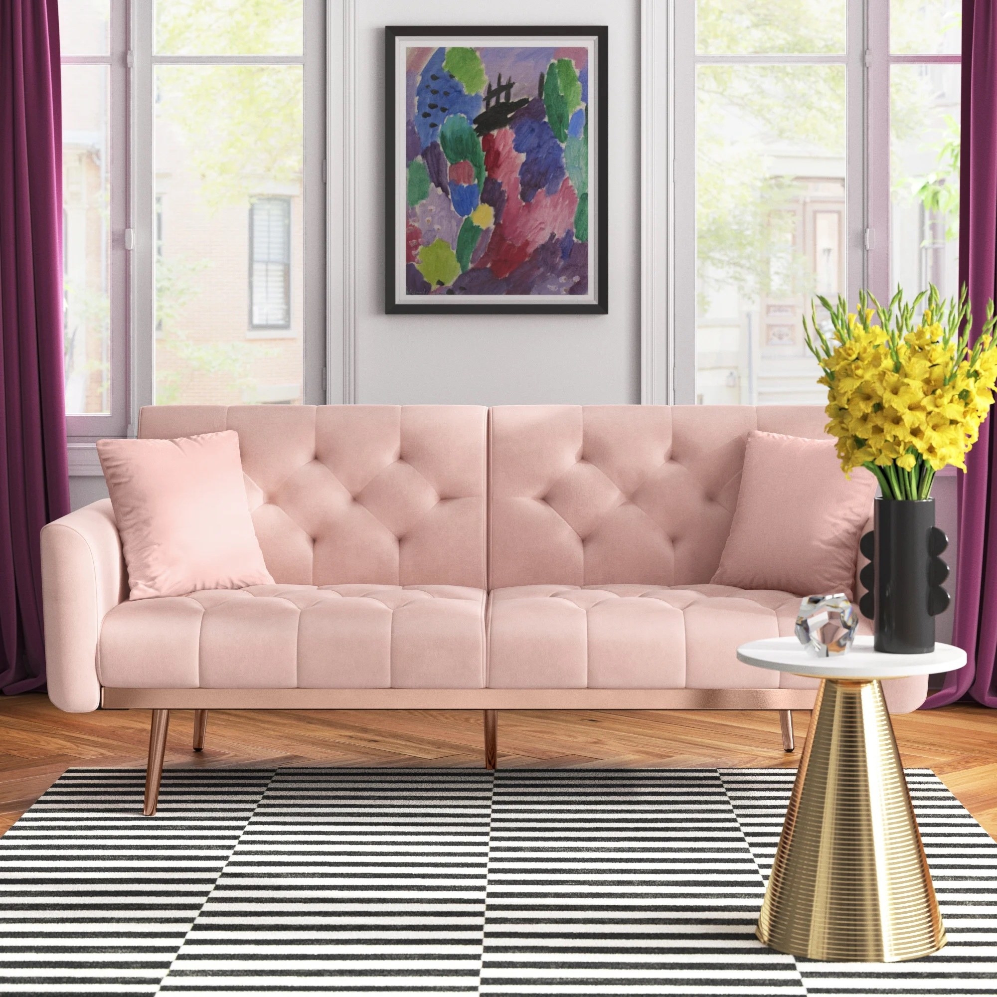 an upholstered sleeper sofa in a modern-looking living room