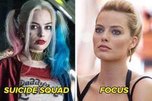 Left: Margot Robbie in Suicide Squad; Right: Margot Robbie in Focus