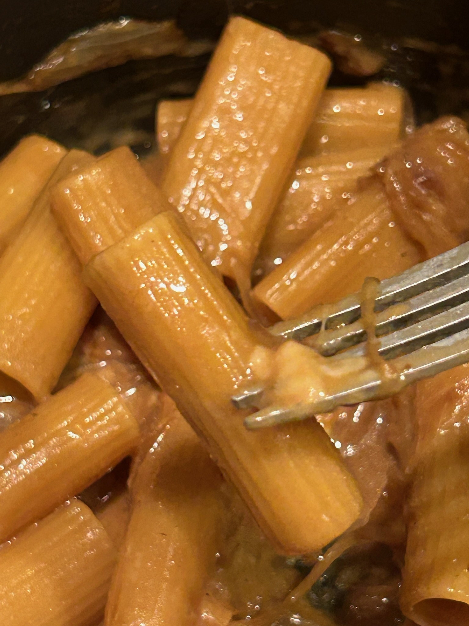 A close-up of Jen&#x27;s fork and the rigatoni