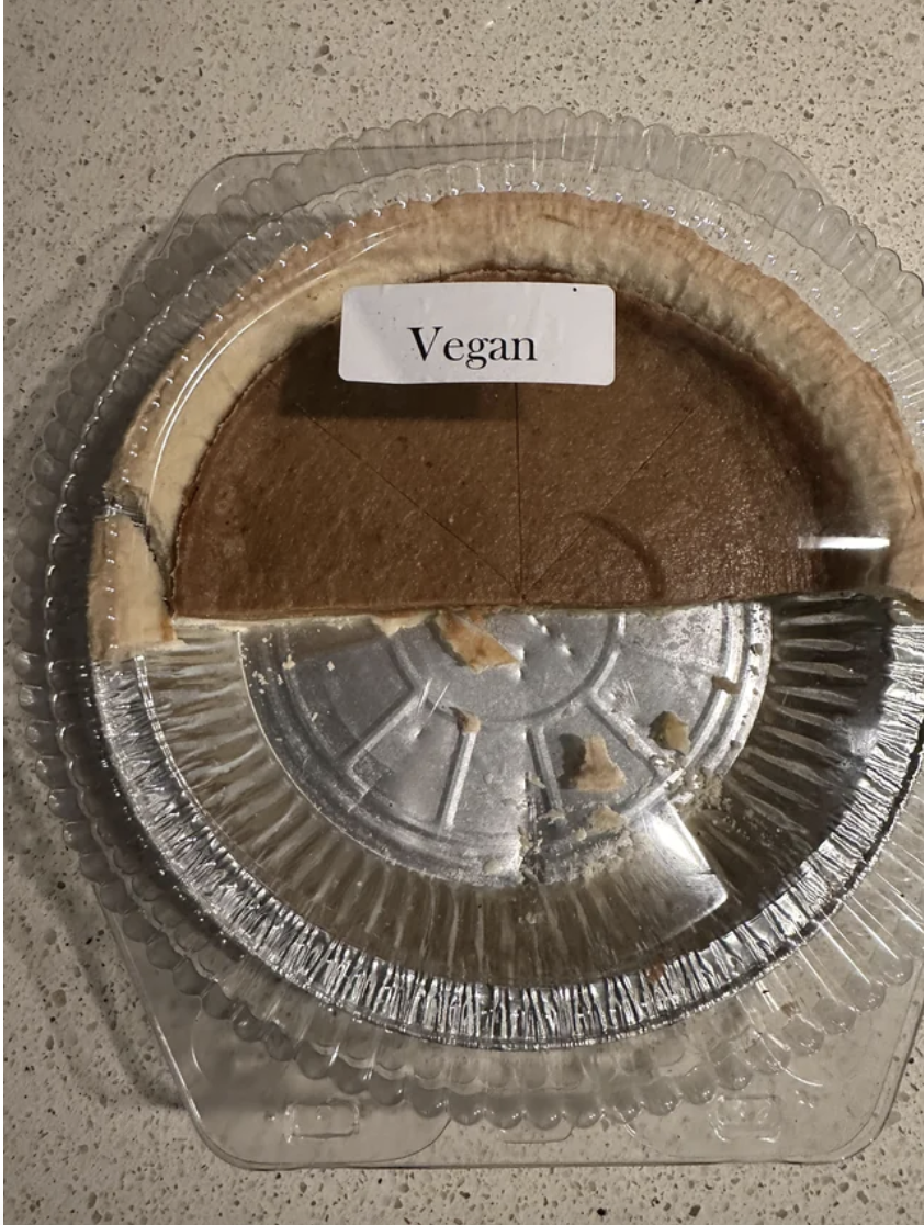 Half a pie with &quot;Vegan&quot; label on it