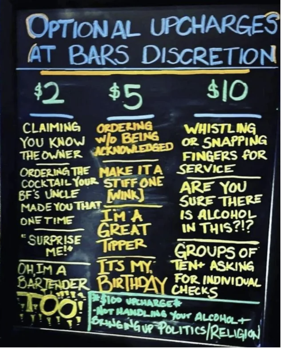 Handwriting on blackboard describing optional upcharges at bar&#x27;s discretion, including $2 for claiming you know the owner, $5 for ordering without being acknowledged, and $10 for whistling or snapping fingers for service