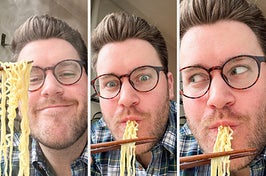 author holding up ramen with chopsticks, slurping, and then slurping will looking to the side