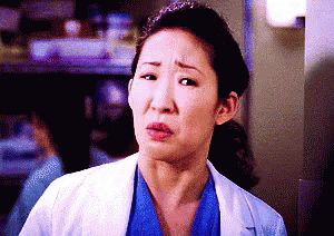 Sandra Oh in Grey&#x27;s Anatomy shaking her head.