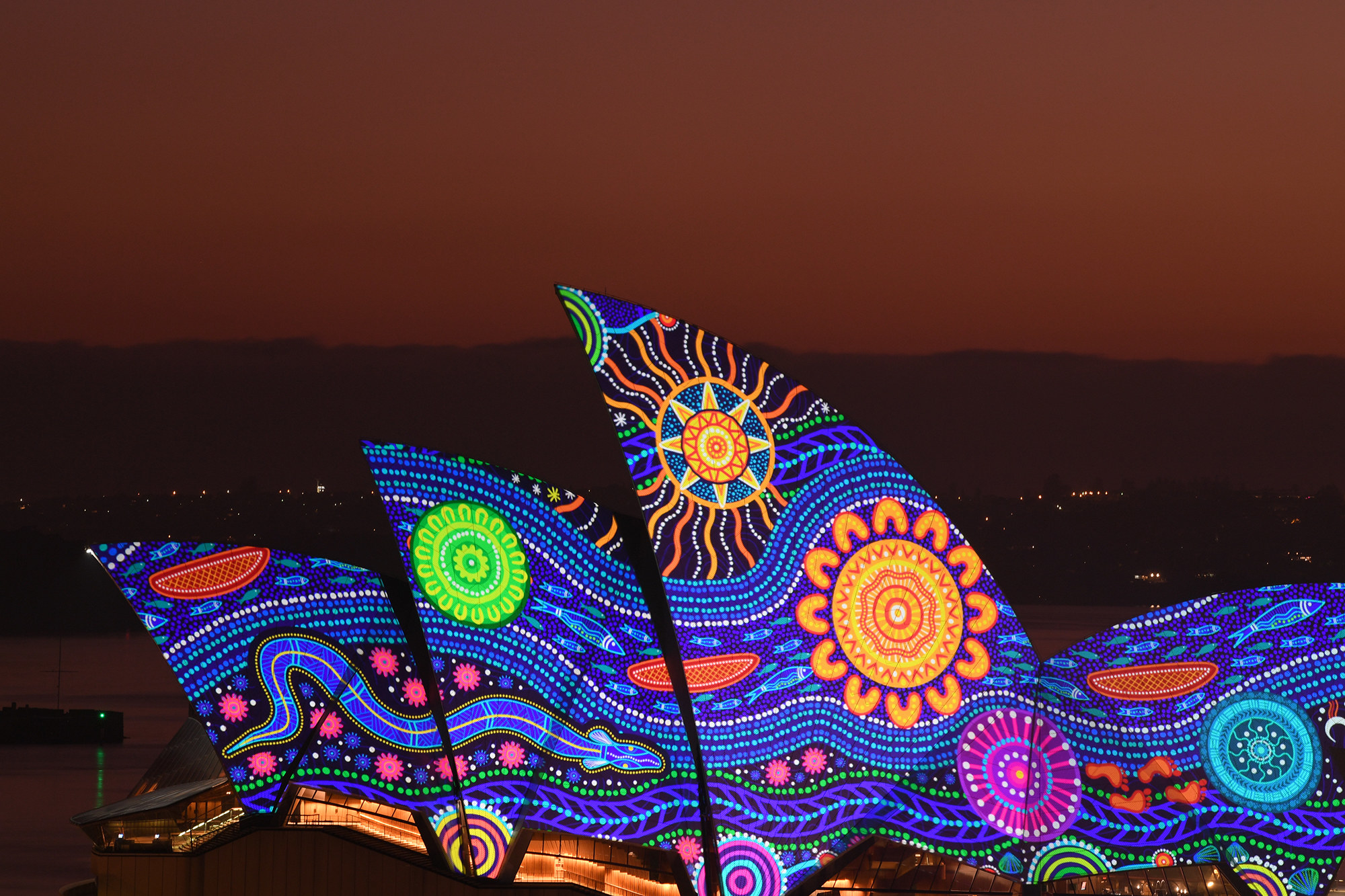 brightly colored art decorates the sydney opera house at night