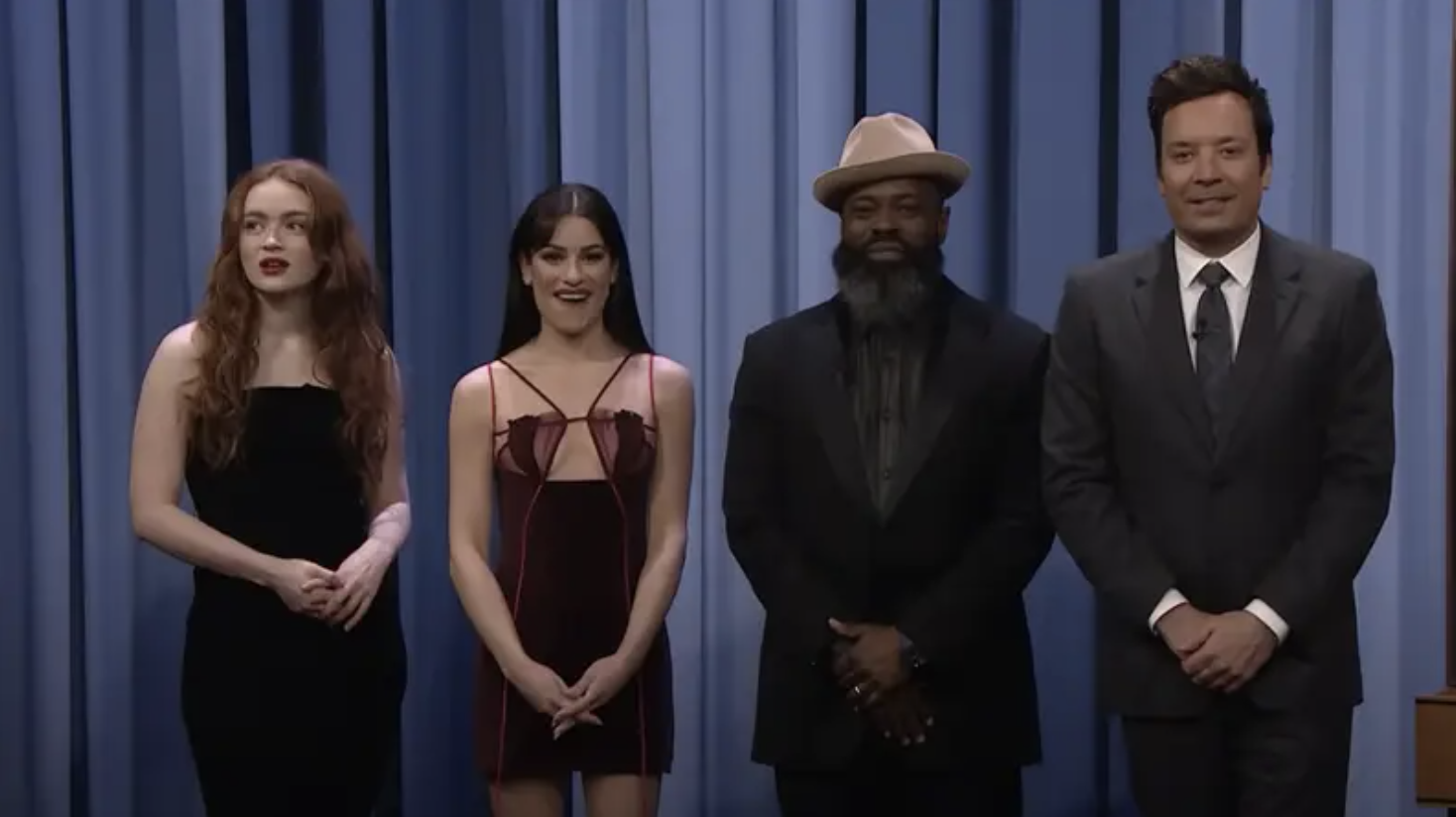 left to right: sadie sink, lea michelle, tariq trotter, jimmy fallon