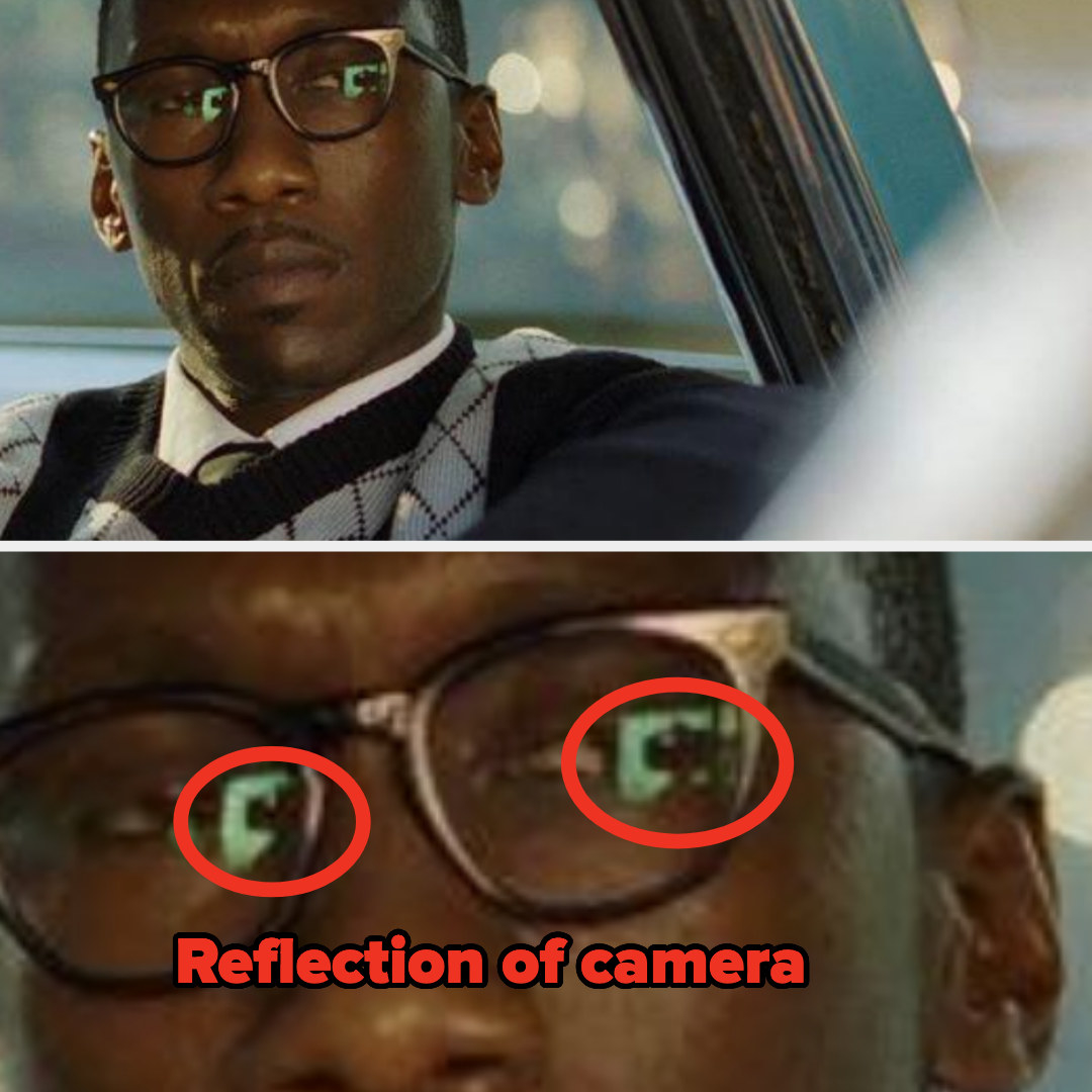 The character is wearing glasses, and in the reflection of the glasses, you can clearly see the camera he&#x27;s being filmed with