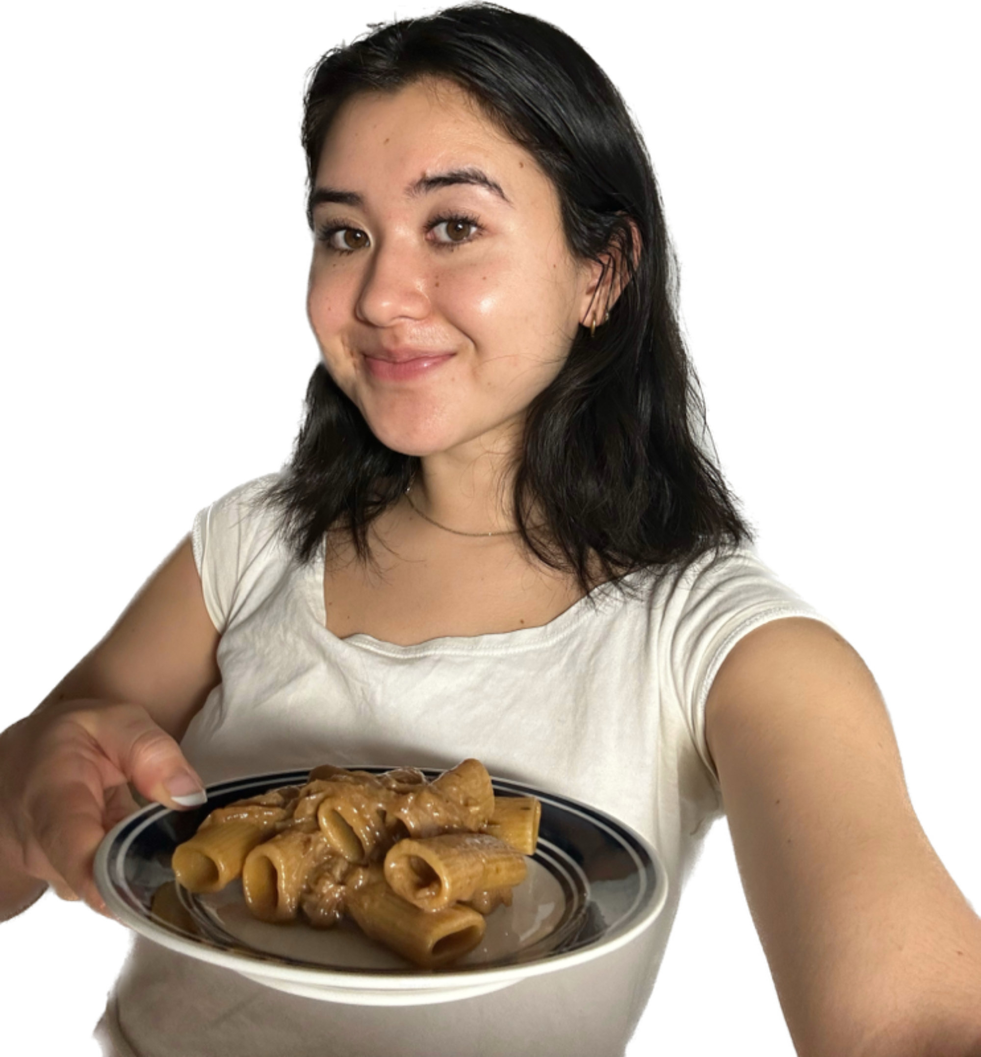 Woman holding a plate of French onion pasta