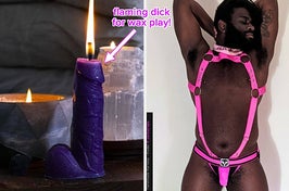 Purple penis-shaped candle burning and model wearing pink vegan leather bdsm harness