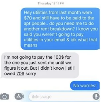 Screenshot of a text exchange in which someone reminds their roommate they need to pay utilities