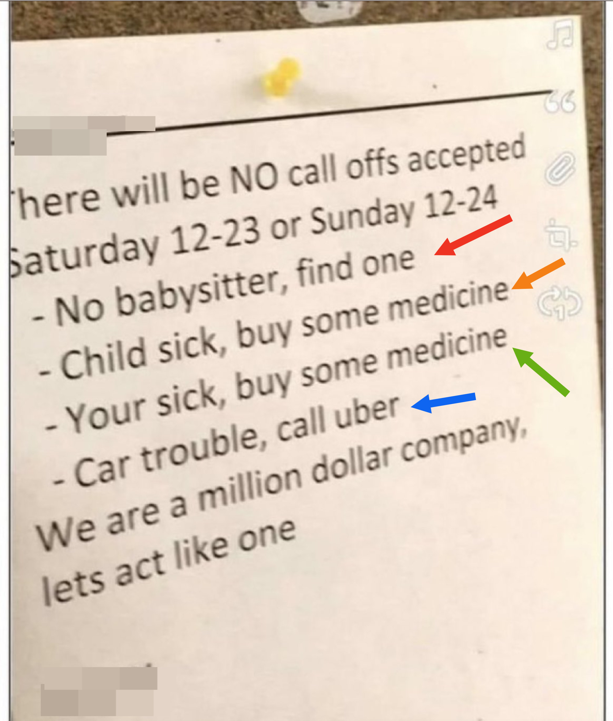 arrows pointing to the different &quot;excuses&quot; they will not be hearing for call offs