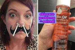reviewer using nose wax sticks, hand holding bio oil "skincare problems  = solved!"