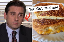 michael scott on the left and a grilled cheese sandwich on the right