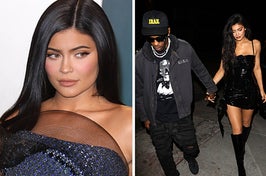 Kylie Jenner wears a strapless blue dress with sparkles. She also appears in a black leather mini dress with a bow and black knee-high boots. Travis Scott wears a black graphic tee with a gray jacket, matching pants, and a matching hat.