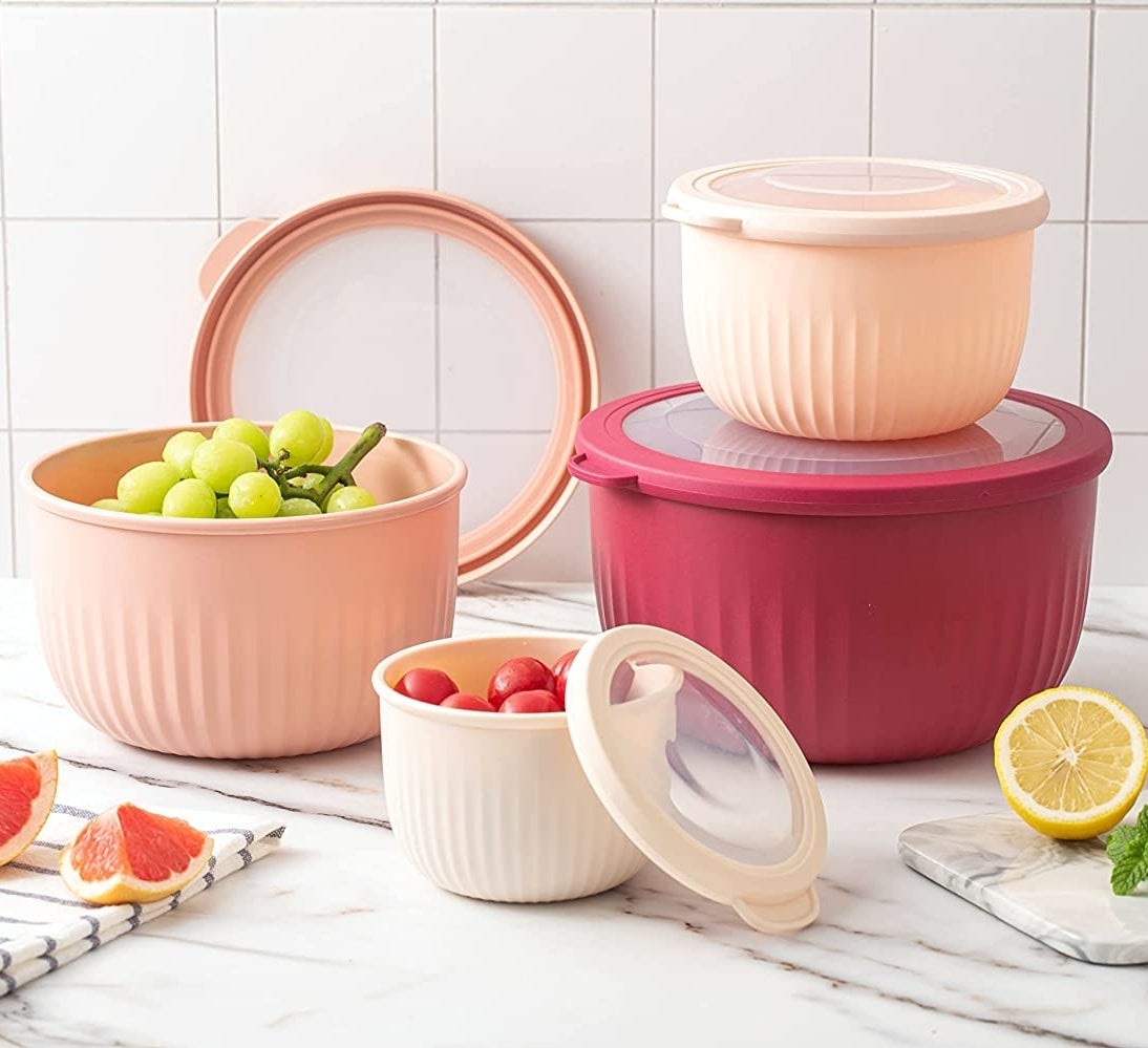 The filled bowls on a marble counter