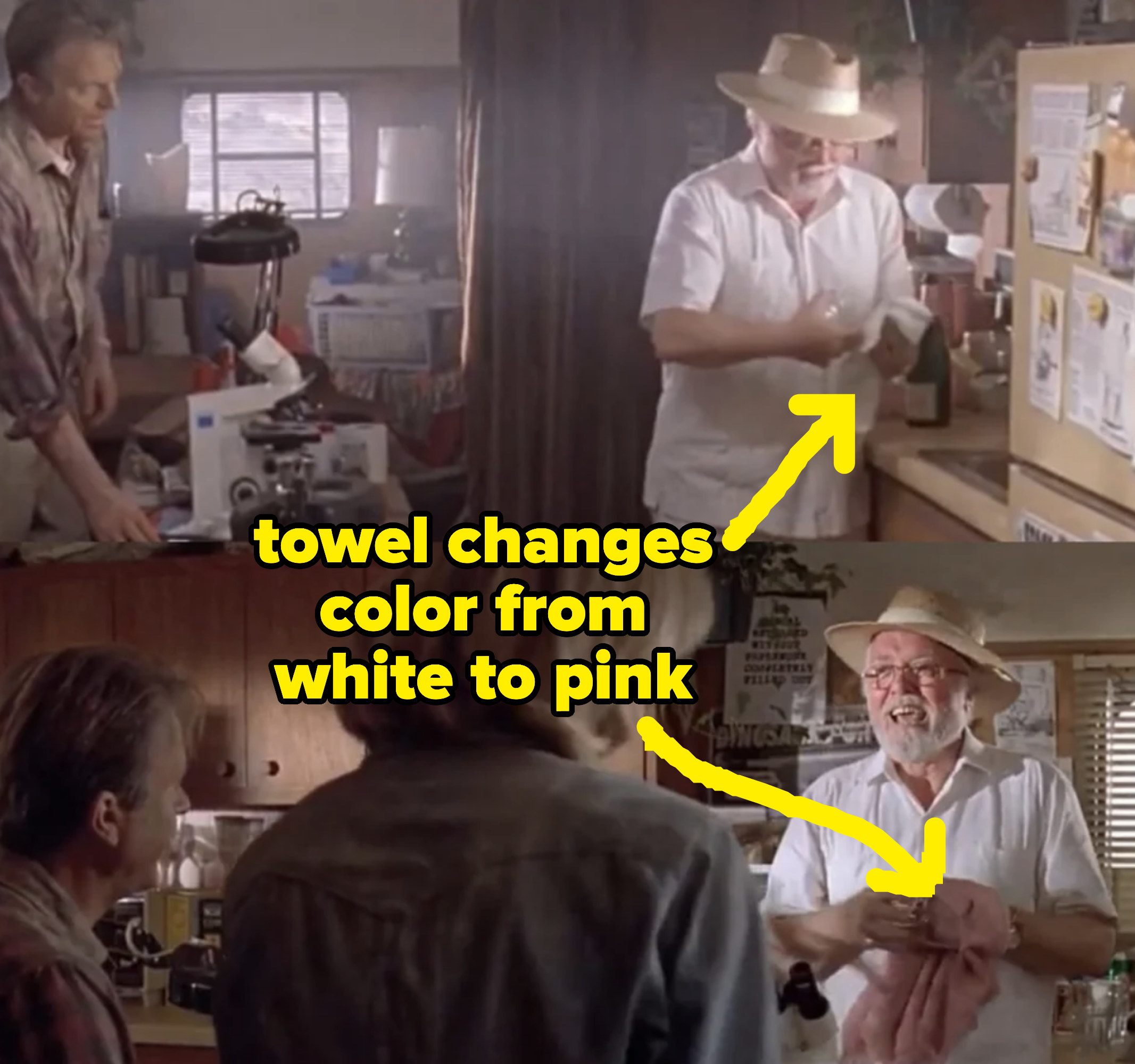In the same scene, seconds apart, a character is holding a towel that changes color from white to pink