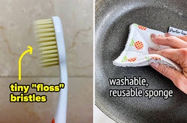 close up of toothbrush, person cleaning frying pan with reusable sponge