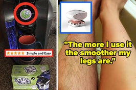 L: a reviewer photo of a Keurig with a cleaning cup inside and a sive-star review titled "simple and easy", R: a reviewer photo of a shaven and unshaven leg, an electric shaver, and a quote reading "The more I use it the smoother my legs are."