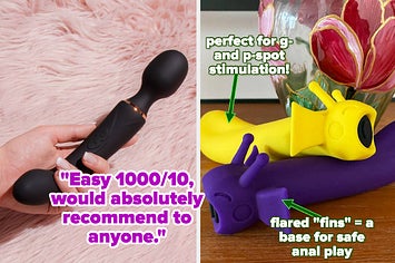 Hand holding black dual-ended wand vibrator and purple and yellow fantasy vibrators