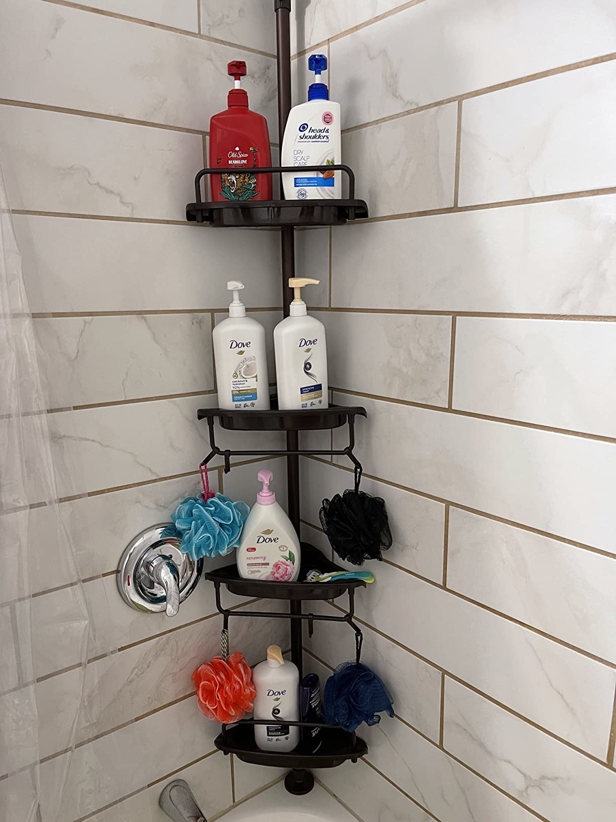 Reviewer photo of corner shelving unit installed in shower