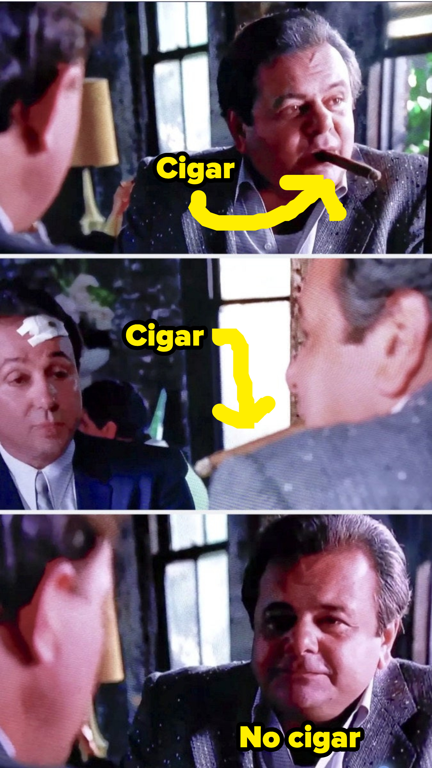 Three stills from the same scene show that a cigar disappears from a character&#x27;s mouth midway through