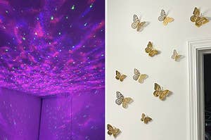 Reviewer's lit up galaxy projector and reviewer's 3D butterfly decals on their wall