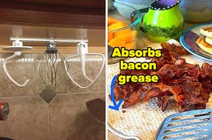 Kitchen Aid accessories mounted under a cabinet/A towel with bacon on top