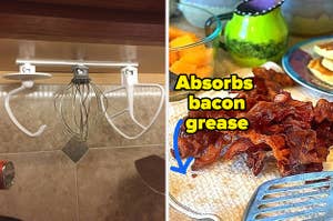 Kitchen Aid accessories mounted under a cabinet/A towel with bacon on top