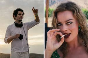 damien chazelle directing and margot robbie smoking in character in babylon