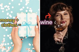two images: on the left is a hand holding a small gift wrapped in paper and a bow, on the right is taylor swift holding a wine glass