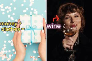 two images: on the left is a hand holding a small gift wrapped in paper and a bow, on the right is taylor swift holding a wine glass