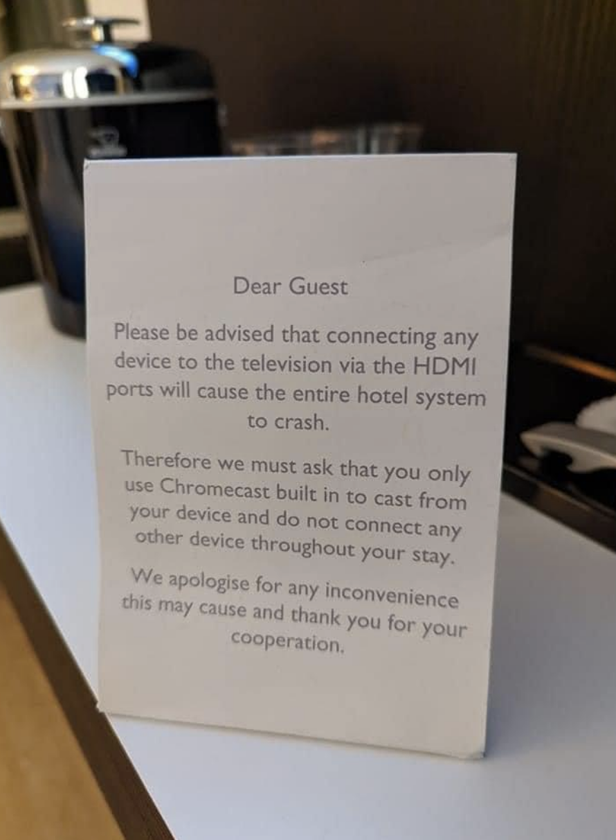 Hotel telling guests they can&#x27;t use their HDMI ports or else it will crash the hotel&#x27;s entire system