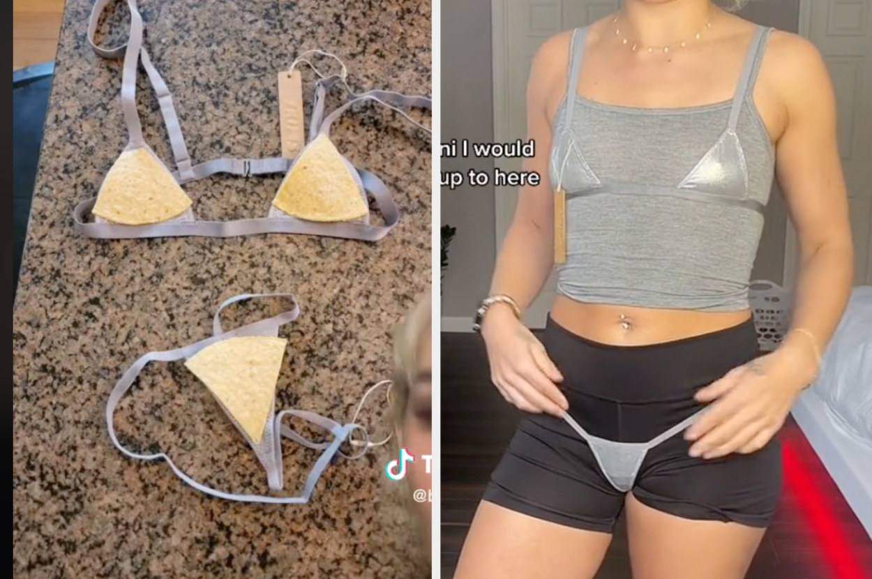 Sarita&#x27;s set on a granite counter with tortilla chips on top of the bralette and thong