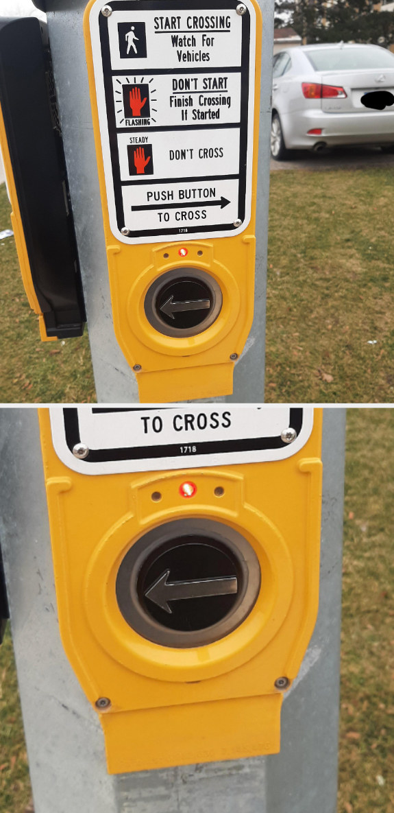 Crosswalk sign with three icons meaning different things