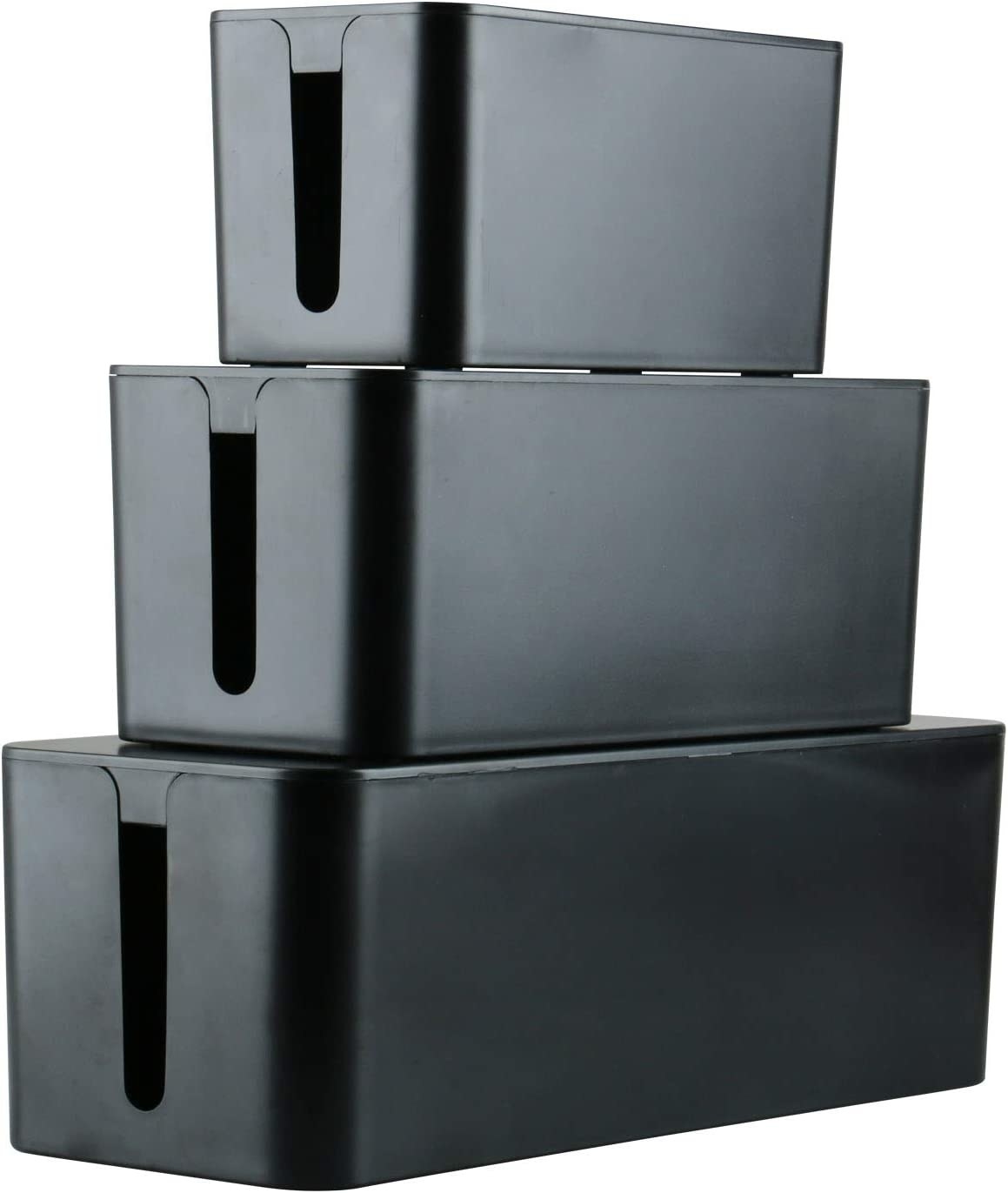 a small, medium, and large cable management box stacked on top of one another