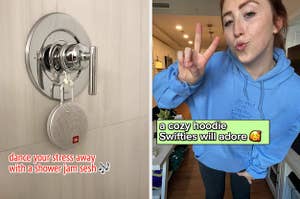 to the left: a jbl shower speaker, to the right: a model in a taylor swift anti-hero themed hoodies