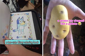 to the left: a bluey coloring book, to the right: a potato-shaped stress ball