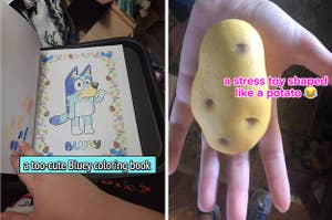 to the left: a bluey coloring book, to the right: a potato-shaped stress ball
