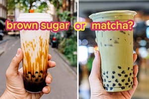 two images: on the left, a hand holds a plastic cup filled with brown sugar and liquid tea, on the right is a plastic cup holding liquid and ice