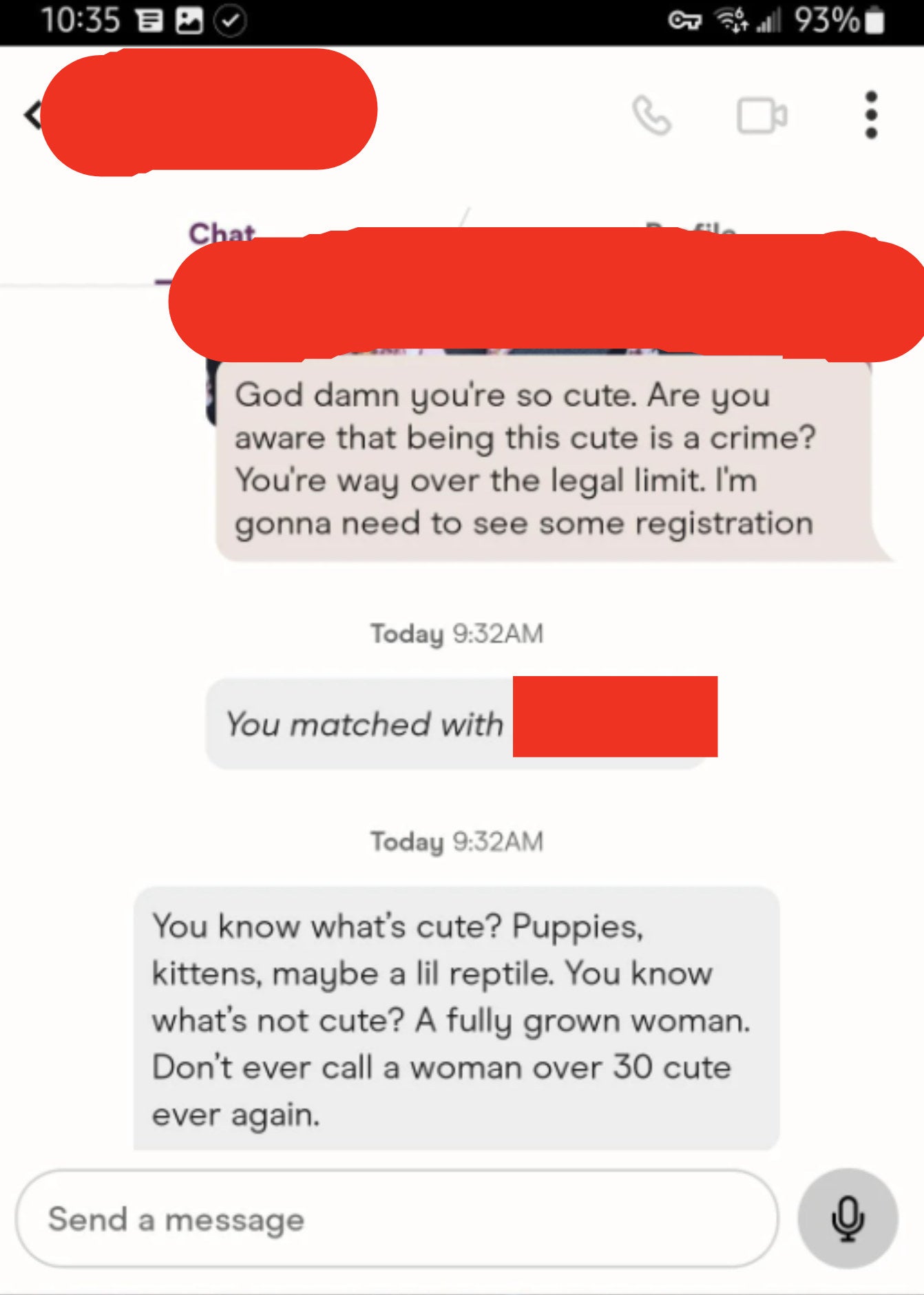 person 1 calls his match so cute that&#x27;s illegal and person 2 says to never call a grown woman over 30 cute