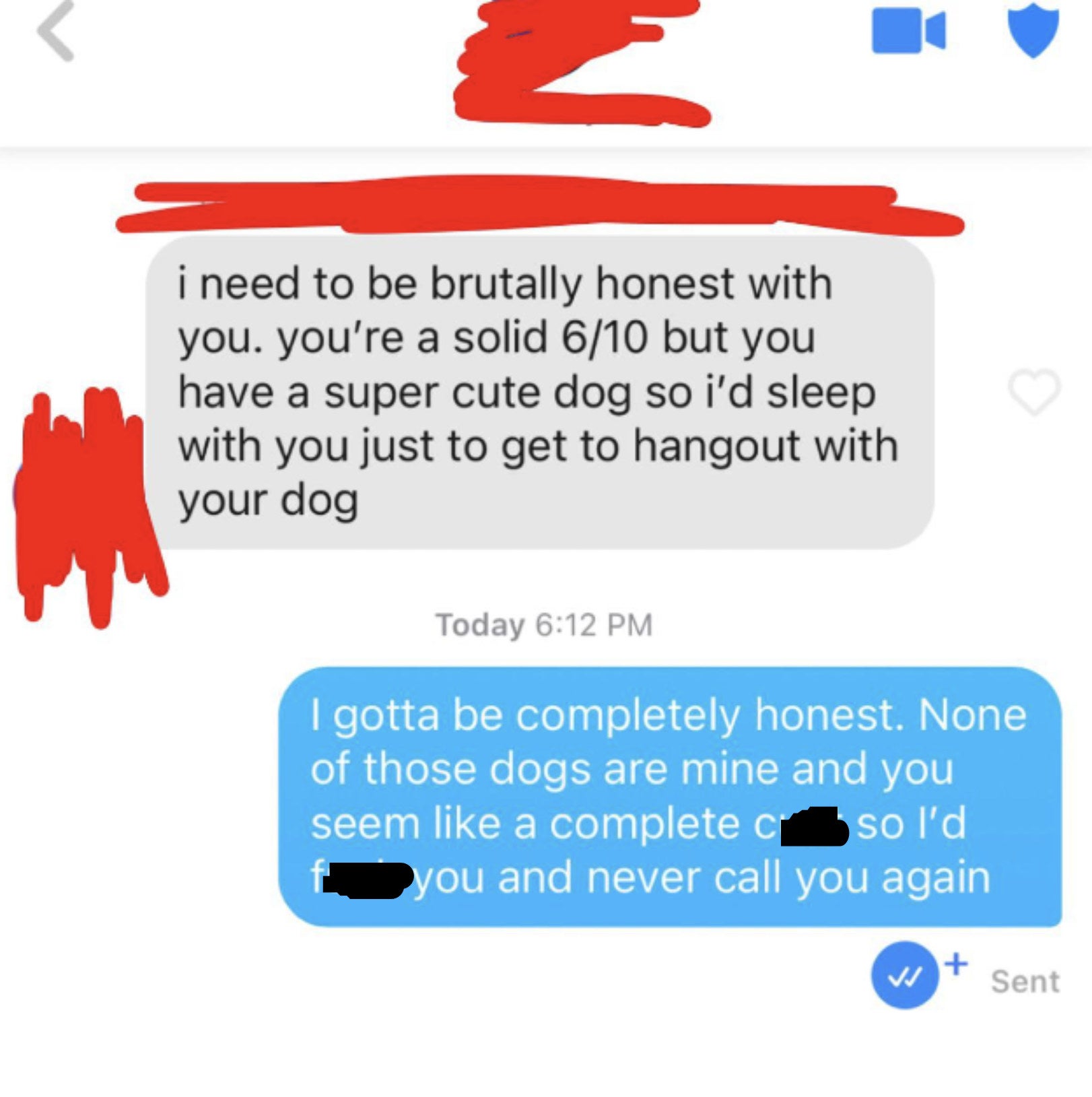person 1: you&#x27;re a solid six out of 10 but you have a super cute dog so i&#x27;d sleep with you just to get a to hangout with your dog person 2: none of those dogs are mine and you seem like a complete ass so i&#x27;d fuck you and never call again