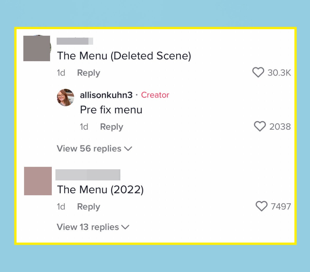 Comments saying "The Menu, deleted scene" and "The Menu 2022" on TikTok