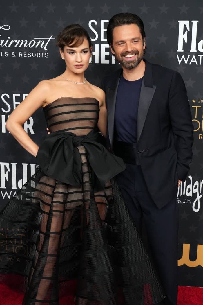 Lily James and Sebastian Stan pose together at a red carpet event