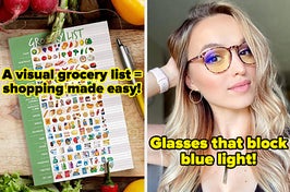 a visual grocery list; a reviewer wearing blue light-blocking glasses