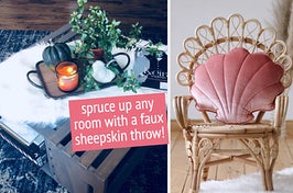 faux sheepskin throw on a coffee table / pink shell pillow on a chair