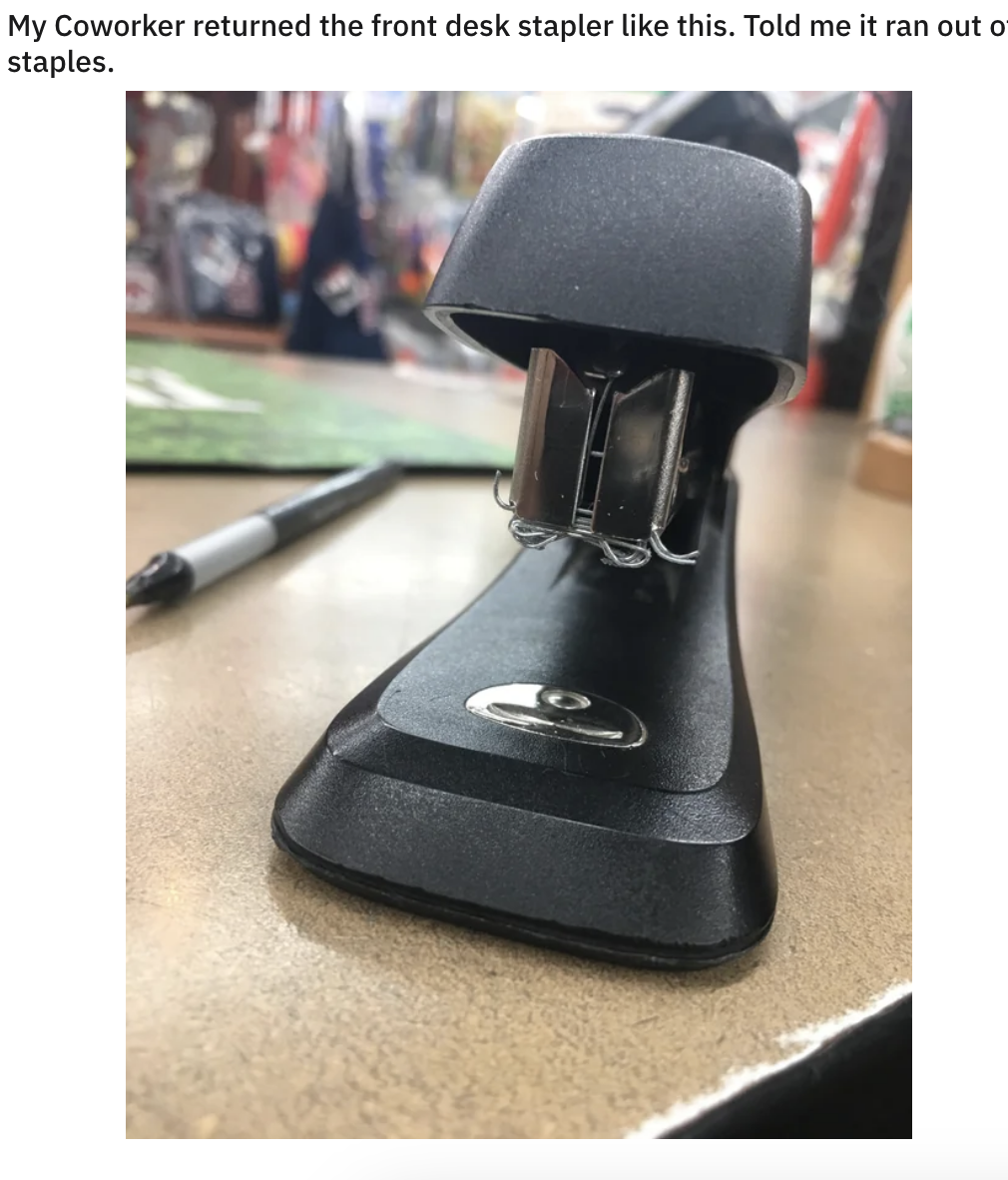 A stapler with the staples jammed