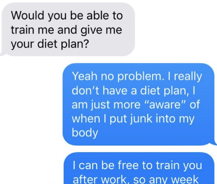 Text asking coworker if they can train them and give them their diet plan