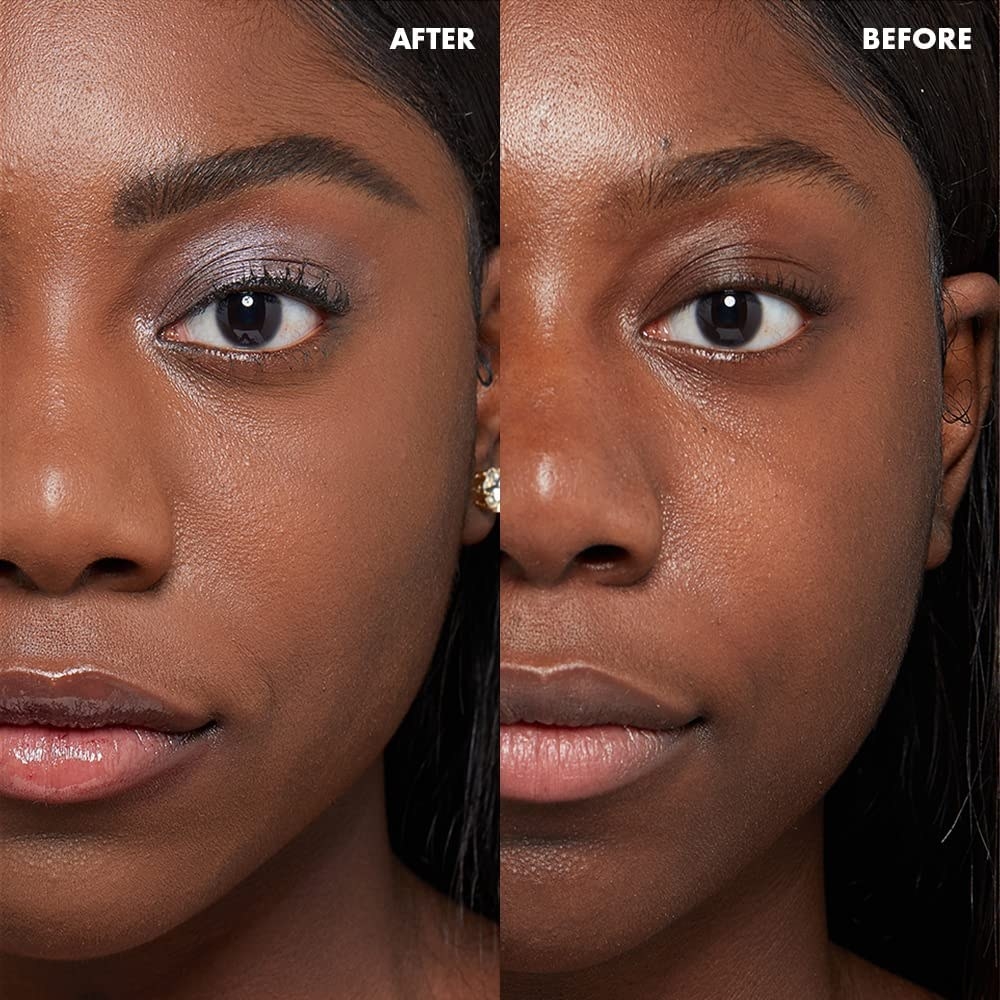 a before and after of a model&#x27;s skin with the primer on