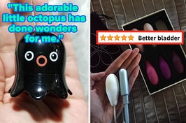 L: a reviewer holding a plastic octopus and a quote reading "this adorable little octopus has done wonders for me.", R: a reviewer holding a kegal weight and a five-star review titled "better bladder"