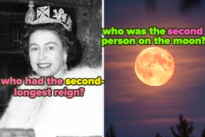 a woman with ear-length hair points to her forehead as if thinking. next to her is a separate image of the moon that has text over it: "who was the SECOND person on the moon?"